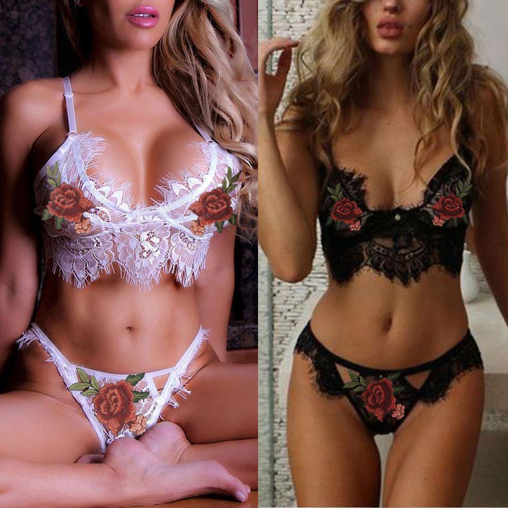 DIACHAVN Áo Ngực Ren Hoa Xuyên Thấu + Quần Lót Lọt Khe Gợi Cảm