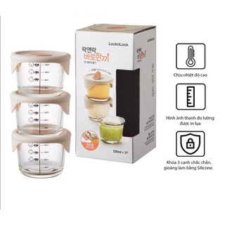 Bộ 3 hộp thủy tinh đựng thức ăn dặm cho bé Lock&Lock 230ml x 3 hộp