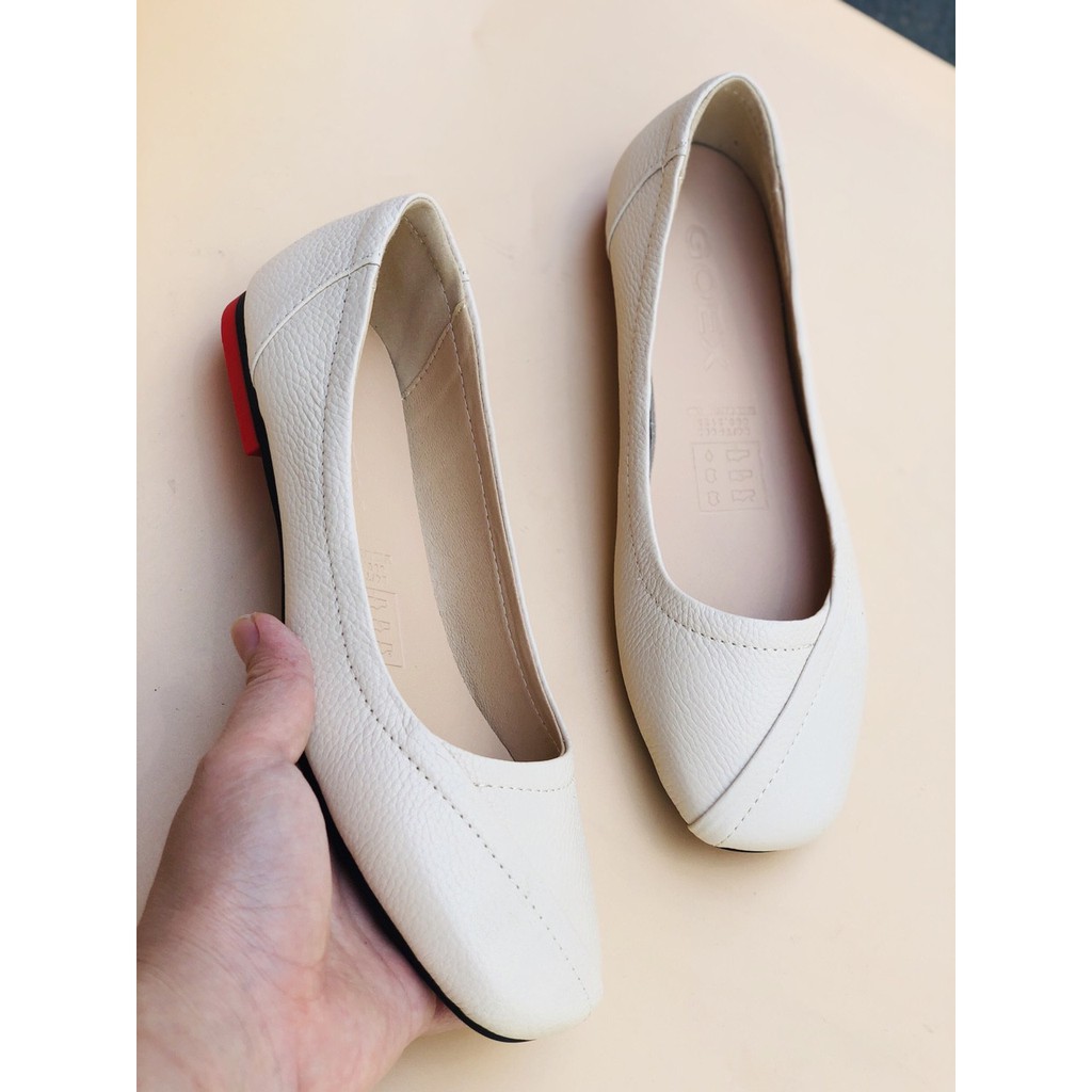 Giày búp bê đế bệt ❤️FREESHIP❤️ DA THẬT SIÊU ÊM mũi vuông có viền màu kem DORIS DR003. | BigBuy360 - bigbuy360.vn