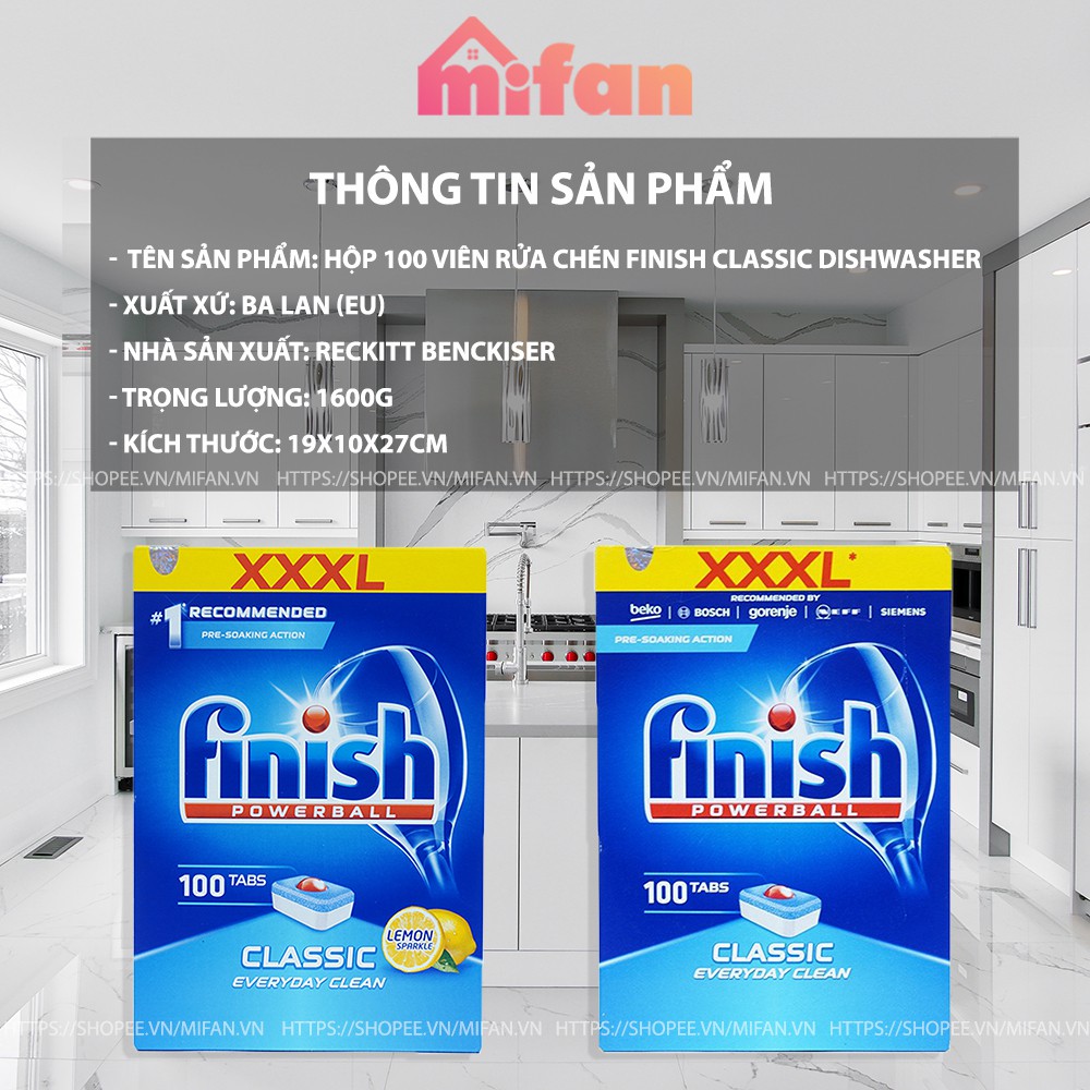 [FREESHIP] Viên Rửa Bát FINISH CLASSIC - 100 Viên/Hộp XXXL- Finish Classic Dishwasher - MIFAN PHÂN PHỐI CHÍNH HÃNG