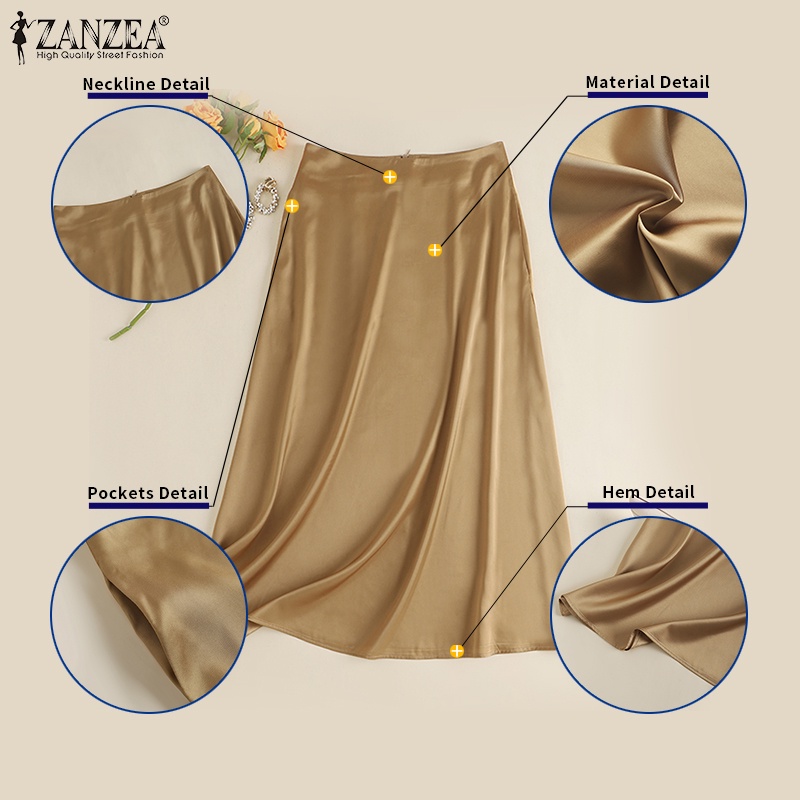 ZANZEA Chân Váy Dài Vải Satin Lưng Cao Co Giãn Thời Trang Cho Nữ