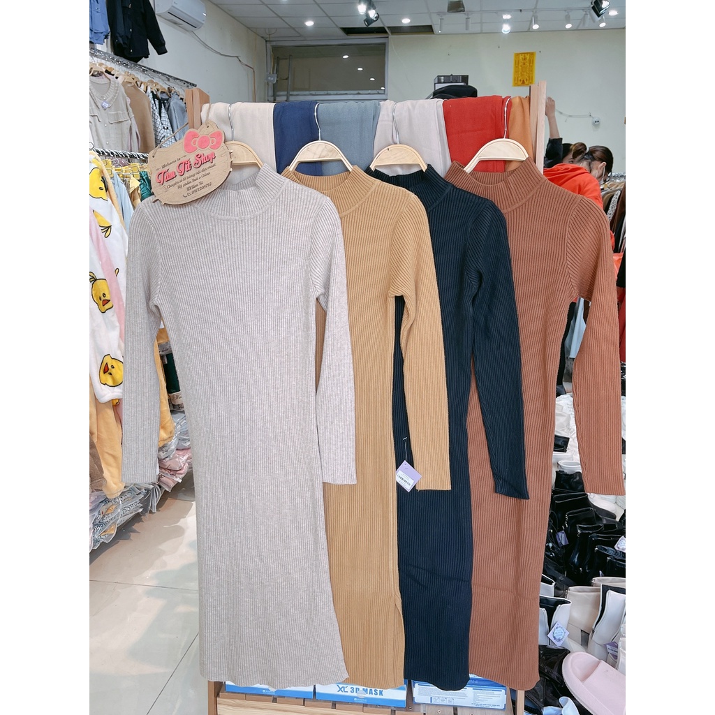 Váy Len Tăm Cổ 3 Phân - Váy Len Body Dáng Ôm qua Gối , Chất Len Dày Dặn