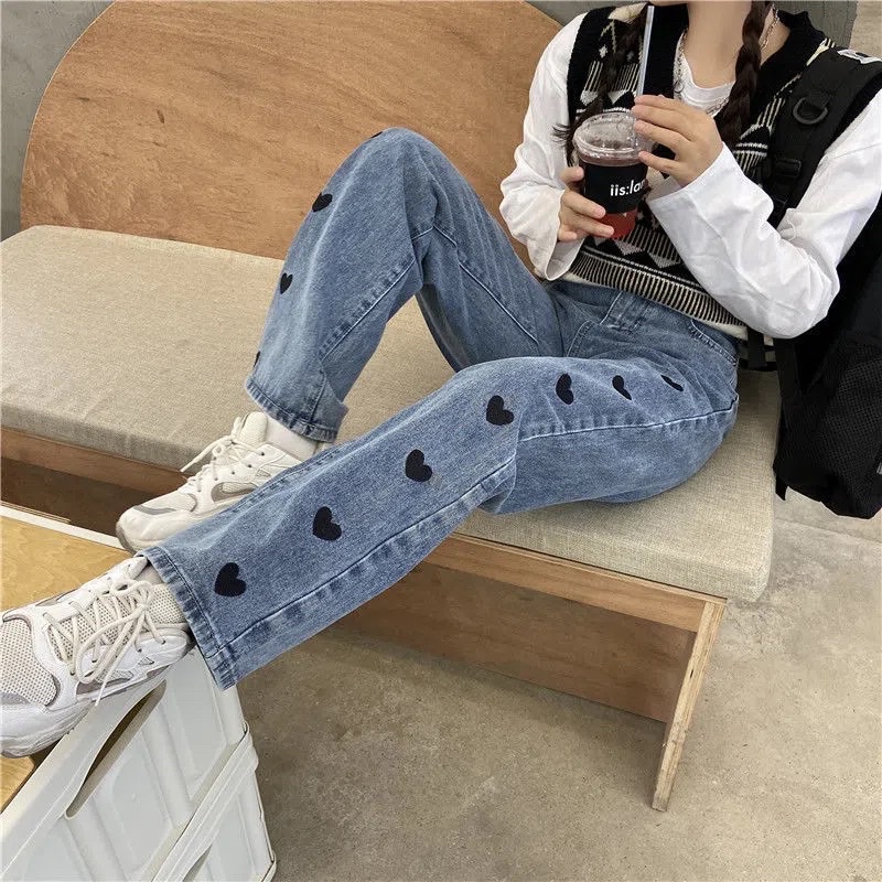 Quần Jean Ống Suông Nữ Màu Xanh Cạp Cao Phom Suông Loại 1 Phong Cách Ulzzang Hàn Quốc Chất Co Dãn Nhẹ