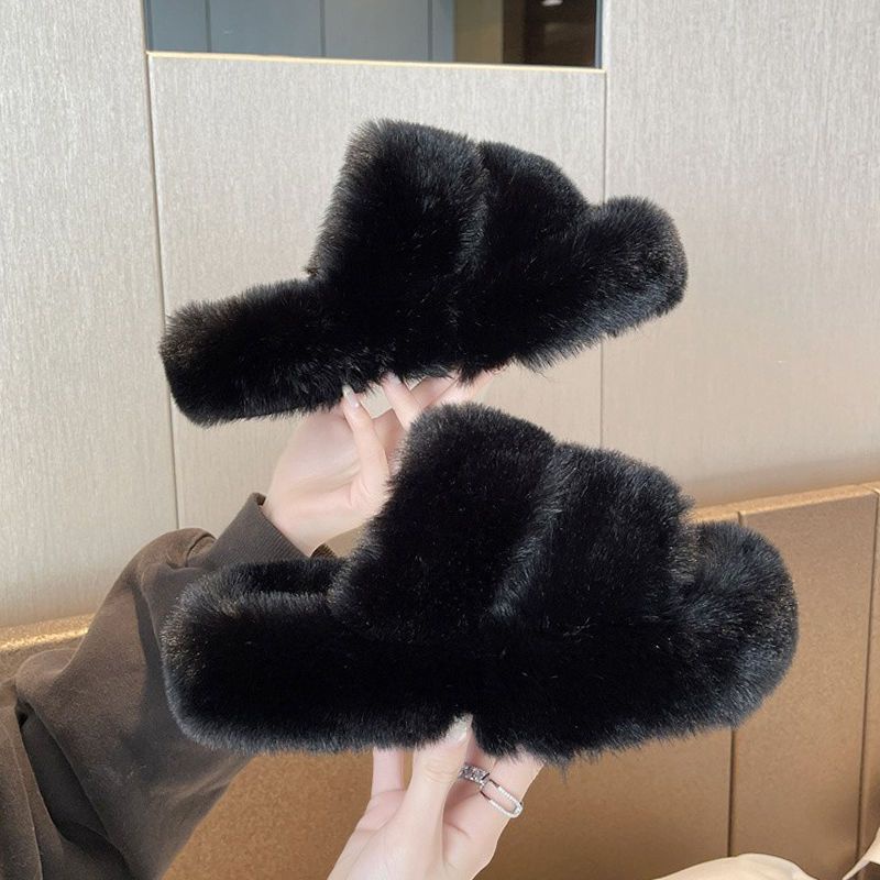Dép Nữ Đế Dày Phối Lông Thời Trang Thu Đông Dễ Thương