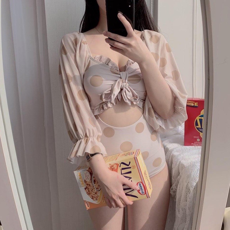 (Nowship Hà Nội) Đồ bơi bikini liền thân dài tay chấm bi lớn nhún ngực