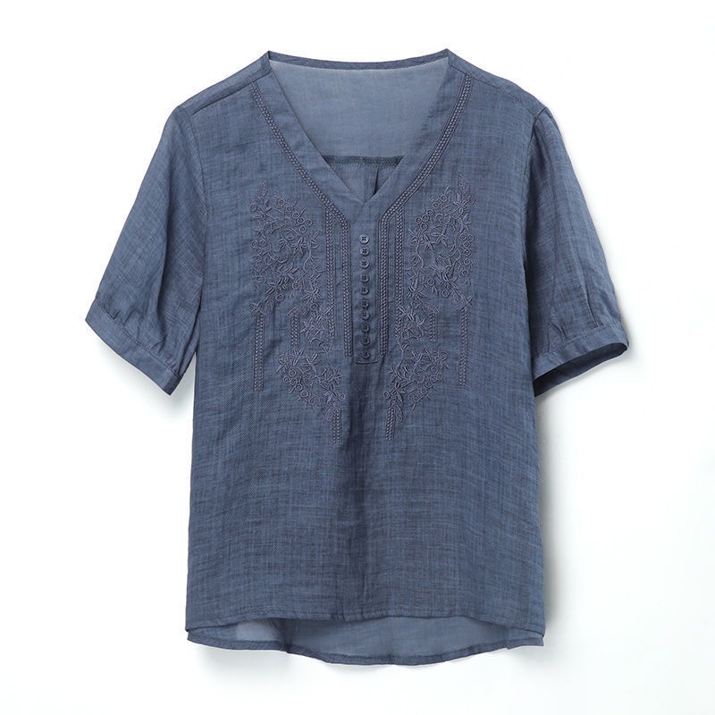 Áo Sơ Mi Vải Lanh Cotton Mỏng Cổ V Dáng Rộng Thêu Họa Tiết Kiểu Retro Thời Trang Cho Nữ