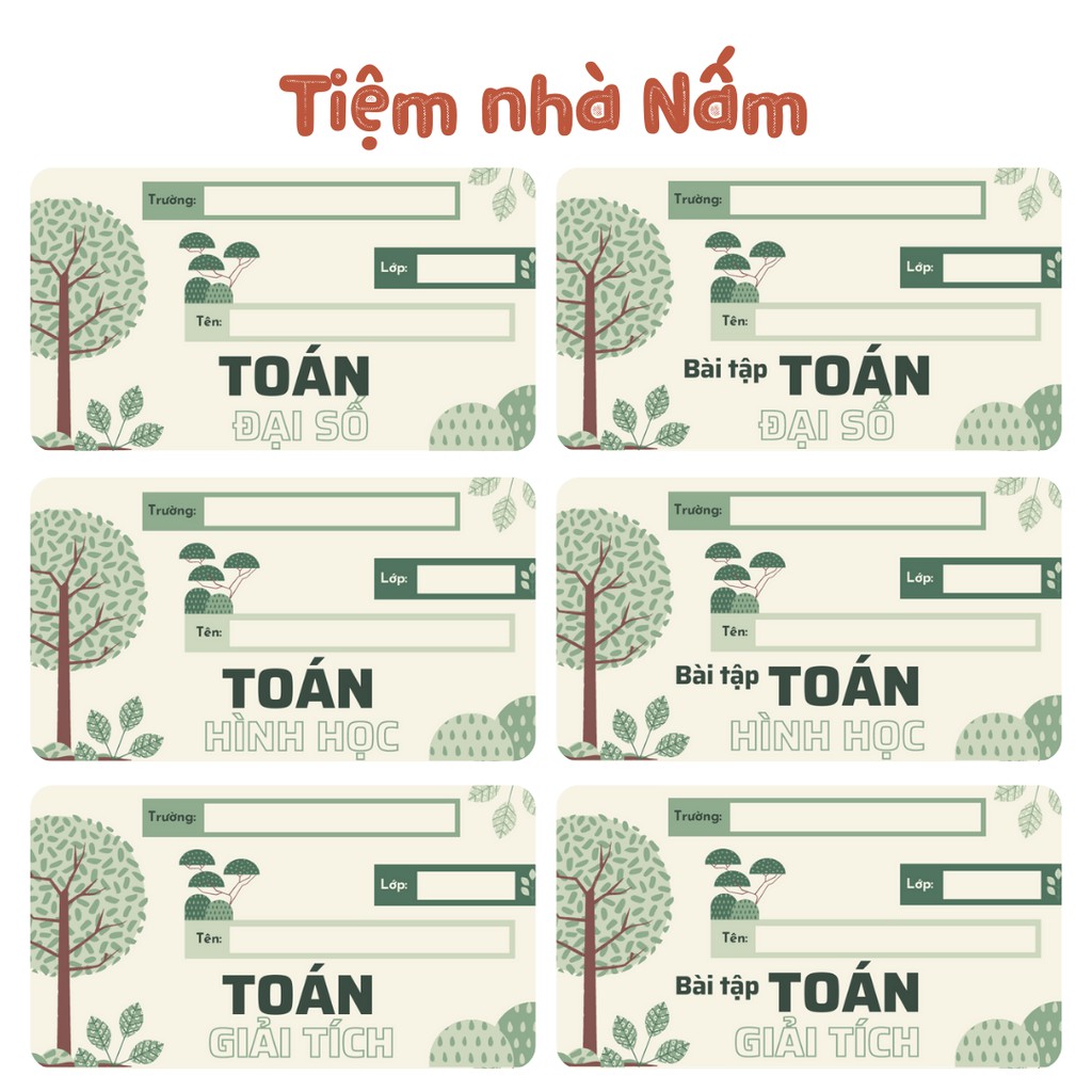 Combo Nhãn Vở Thiết Kế Theo Tên Môn Học, Cây Xanh Xanh