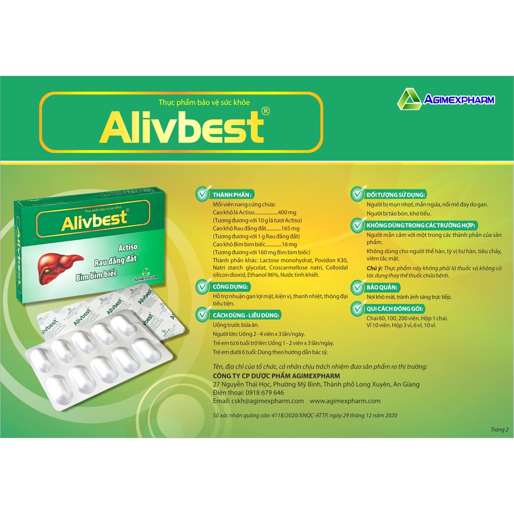 Viên uống bổ gan mật ALIVBEST - Actiso + Rau đắng đất + Bìm bìm biếc - Hộp 30 viên