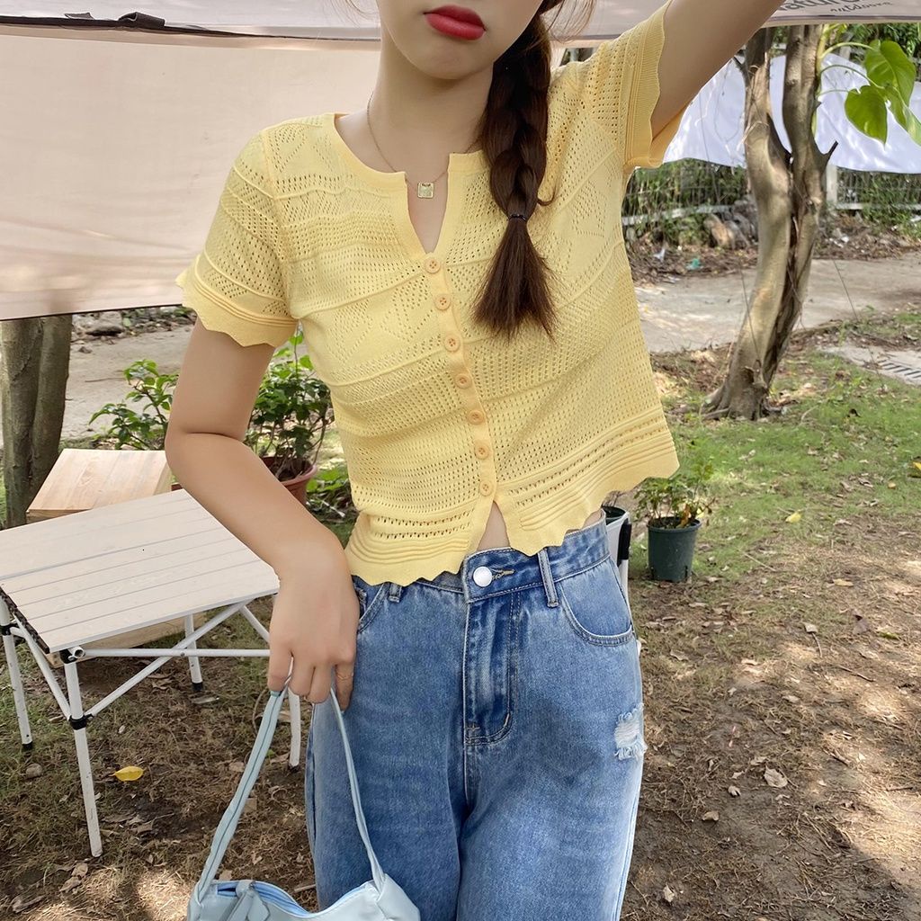 Áo Croptop Dệt Kim Tay Ngắn Cổ Chữ V Dáng Ôm Thời Trang Cho Nữ