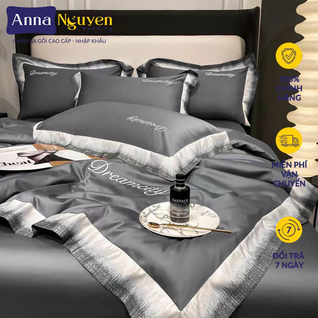Bộ Chăn Ga Gối Đệm Lụa Thái Tencel Dream City Drap Giường Phi Bóng Cao Cấp Bo Chun Drap - Anna Nguyen Bedding