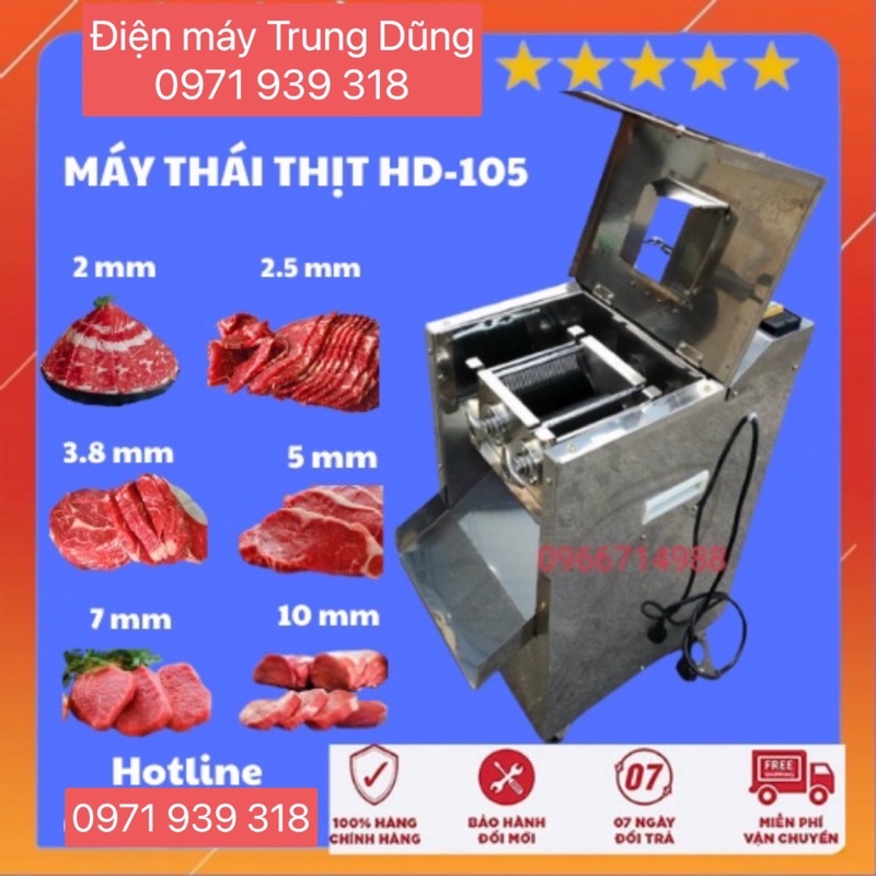 Máy Thái Thịt Công Nghiệp HD105 Thay Được Dao Máy Cắt Thịt Tươi Sống Công Suất 2.2kw Inox Cỡ Dao.