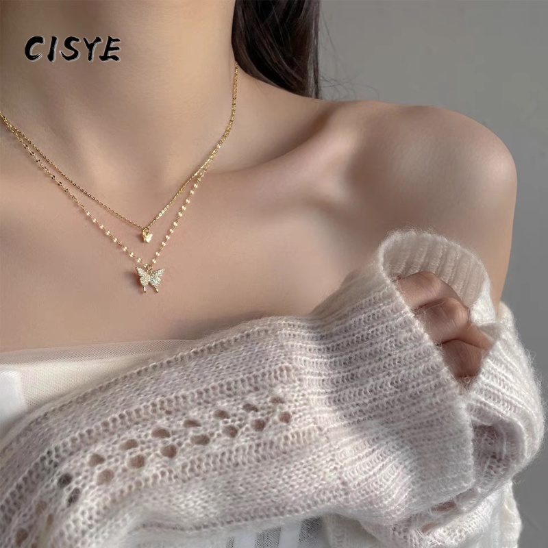 Dây chuyền hai lớp mặt hình bướm đính đá zircon không gây dị ứng cho nữ