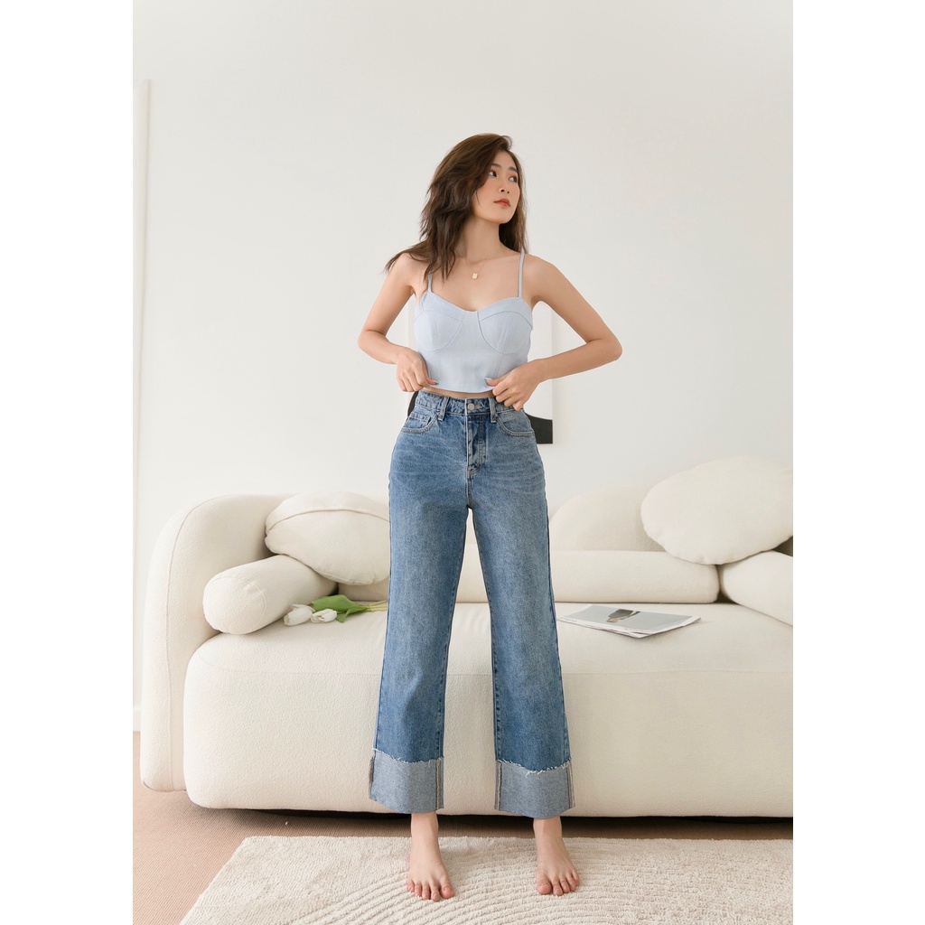 Quần jean nữ suông ống rộng gập lai chất dày dặn MIEU - HN08