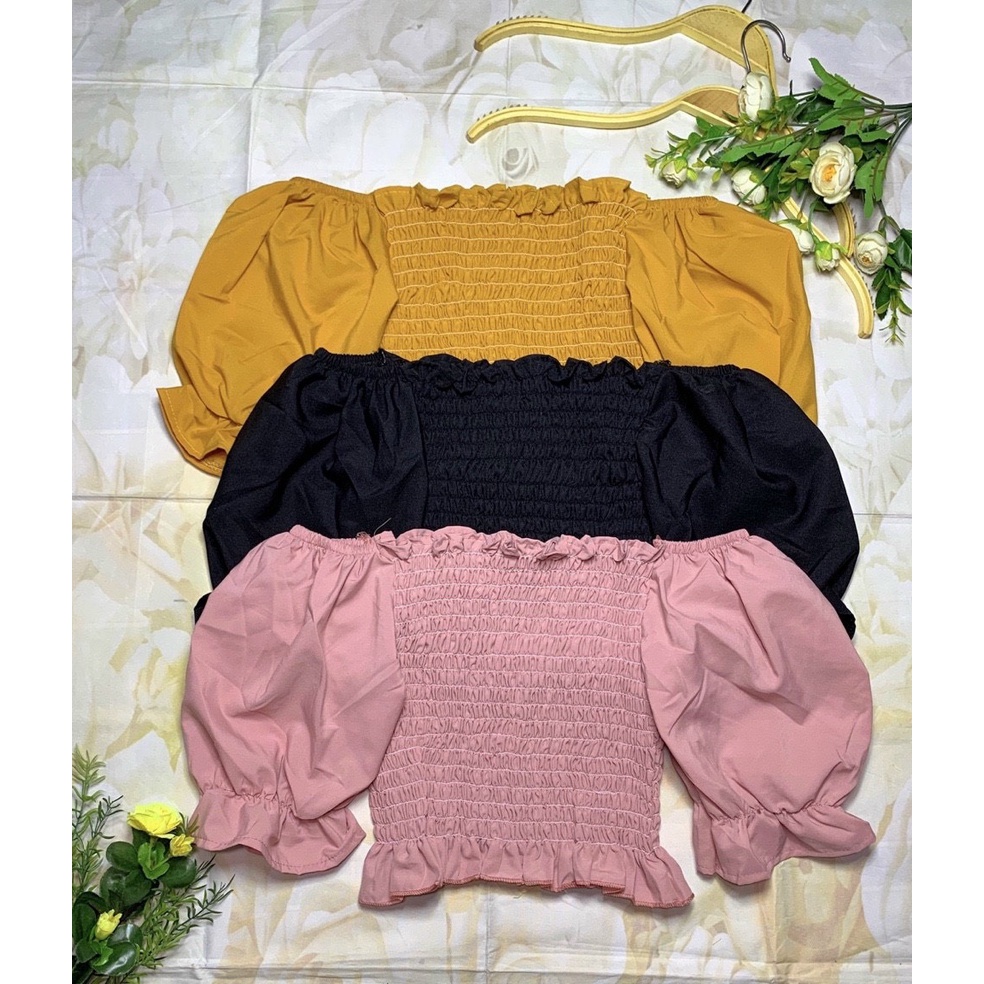 Áo peplum nhún chun trước sau trễ vai tay phồng lỡ chất kate khoe vai trần gợi cảm phong cách trẻ trung hấp dẫn NA