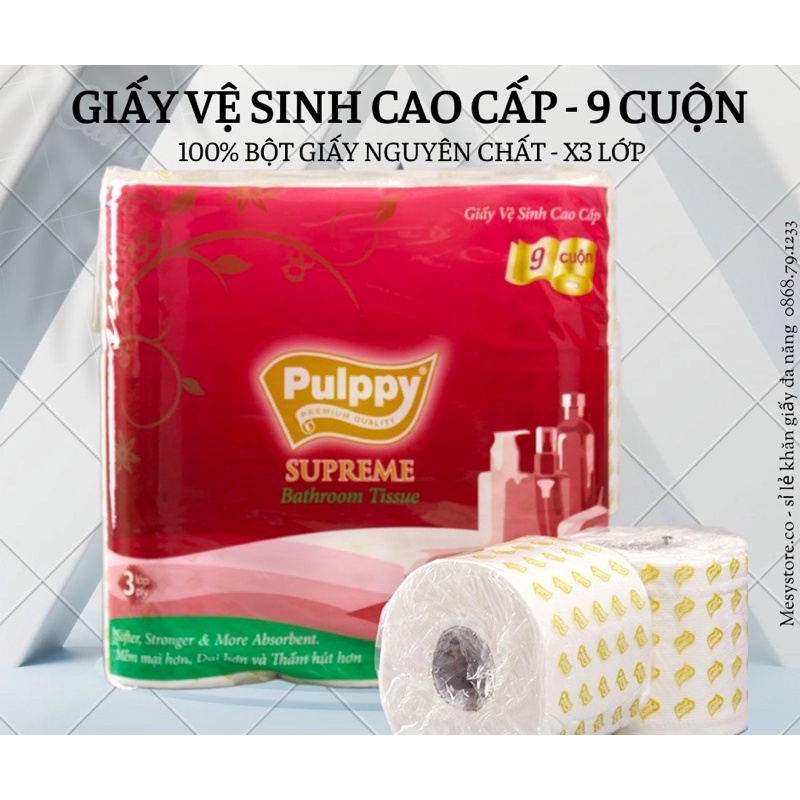 Giấy vệ sinh cao cấp Pulppy Supreme giấy lụa 3lớp mềm mịn thấm hút tốt 1 lốc 9 cuộn đỏ/xanh