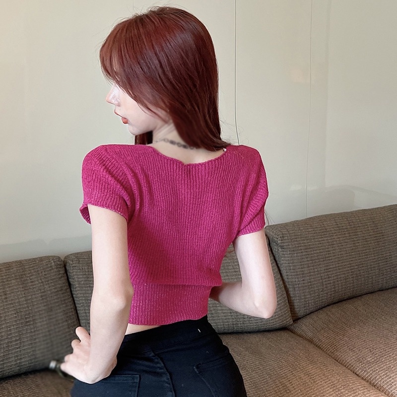 Áo Croptop Dệt Kim Tay Ngắn Màu Sắc Trơn Phong Cách Hàn Quốc Thời Trang Cho Nữ