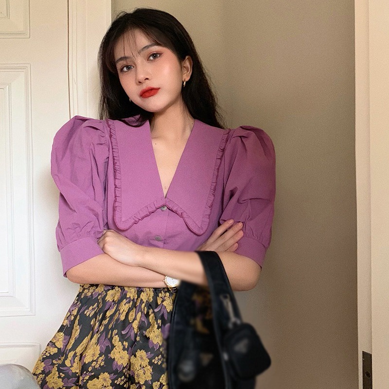 Áo Sơ Mi Tay Ngắn Phồng Cổ Búp Bê Màu Trơn Phong Cách Hàn Quốc Thời Trang Cho Nữ