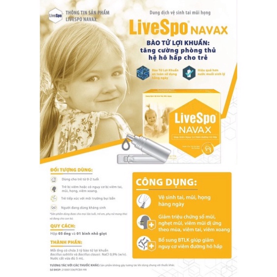 [ Ghính Hãng ] LiveSpo Navax Kids - Xịt 3 tỷ lợi khuẩn Dành cho trẻ sơ sinh và trẻ em 5 ống x 5ml