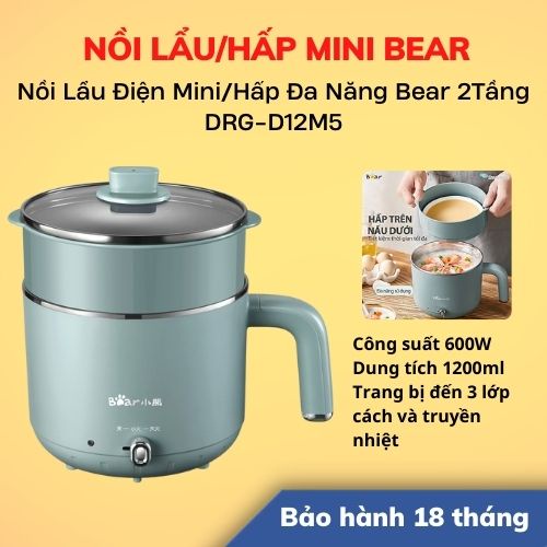 [Hỏa Tốc - HCM] Nồi Lẩu Điện Mini/Hấp Đa Năng Bear 2Tầng Dung Tích 1.2L DRG-D12M5 | Hàng Chính Hãng | BH 18T | LSB Store