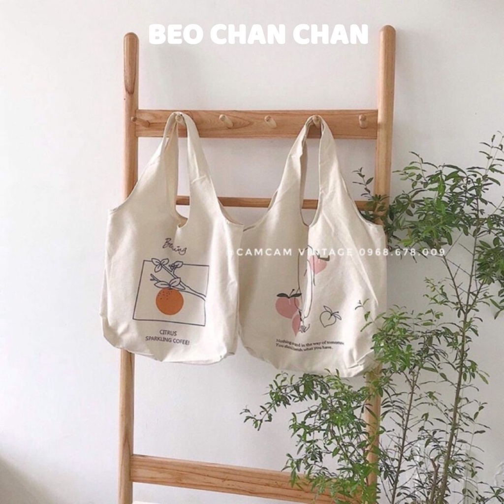 TÚI TOTE VẢI TÚI TOTE TRẮNG NGÀ VINTAGE ĐƯO VAI QUAI BỊ TAY NẢI SIÊU HOT HOA QUẢ