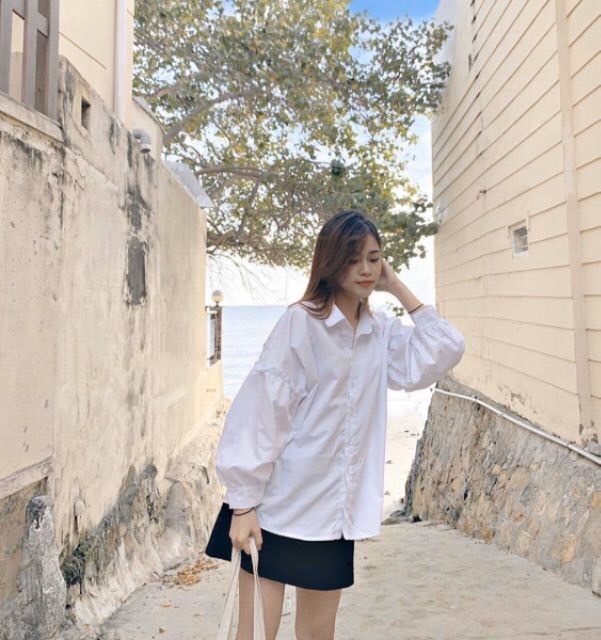 Áo sơ mi trắng đi học form rộng tay phồng phối bèo - A0P