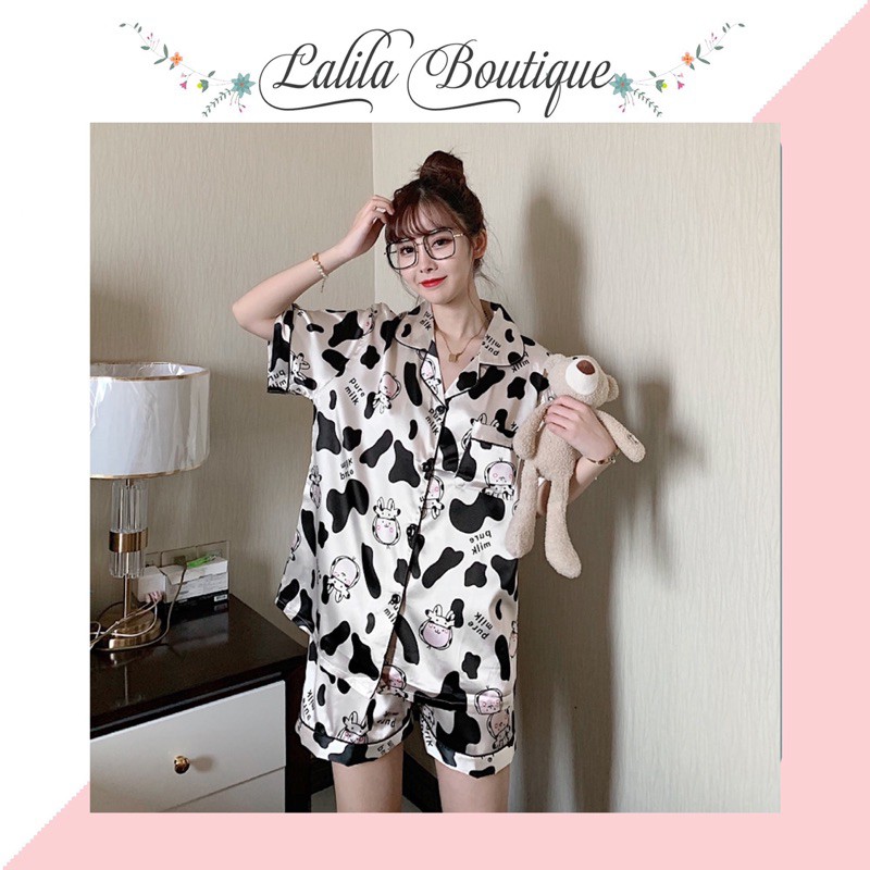 Bộ Ngủ Lụa Mặc Nhà Hoạ Tiết Bò Sữa Đáng Yêu Cực Hot A14