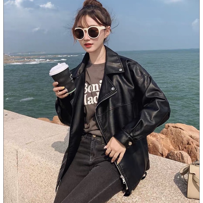 Áo khoác da pu chất liệu da lì không nhăn đính cúc phong cách hàn