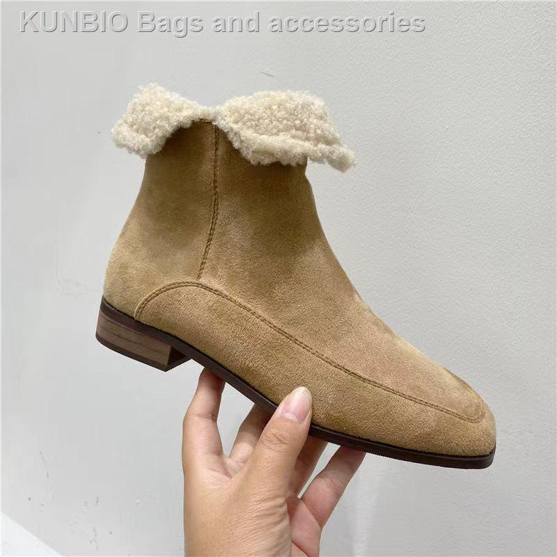 Giày bốt da lộn cotton phối nhung ấm áp có khóa kéo thời trang thu đông hàng mới cho nữ