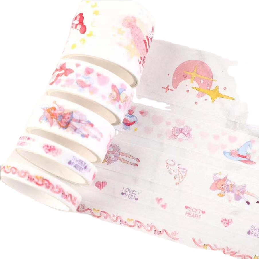 Hộp 5 cuộn băng keo washi nhiều hình hoạt hình dễ thương trang trí sổ tay nhiều chủ đề CREAMY