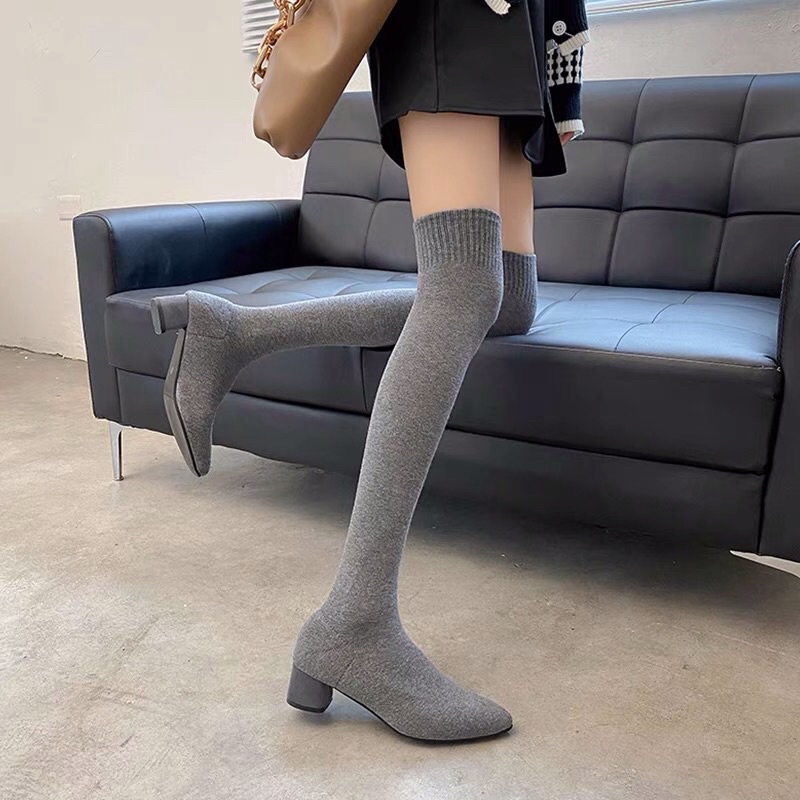 Bốt đùi nữ chất len co giãn ôm chân không tụt gót vuông cao 5cm