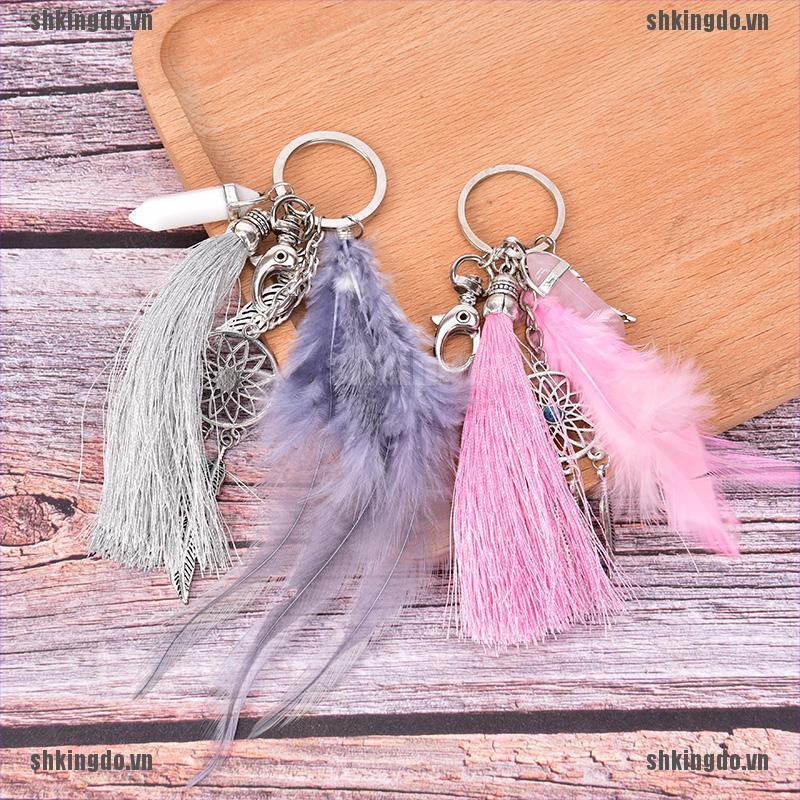 Móc Khóa Hình Dreamcatcher Phối Lông Vũ Cổ Điển