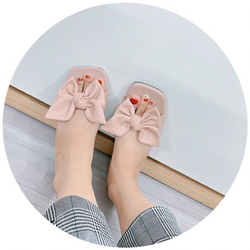 Dép nữ cao gót vuông 4cm quai ngang da lì nơ 4 cánh