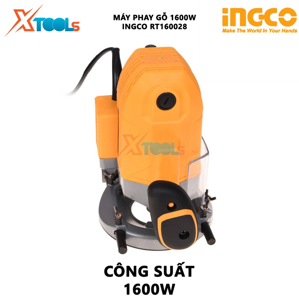Máy phay gỗ INGCO RT160028 | Máy soi gỗ công suất 1600W, Mũi phay:6,8,12,1/4&quot;,1/2&quot;mm (12.7&quot;) có điều tốc, phay 0-60mm