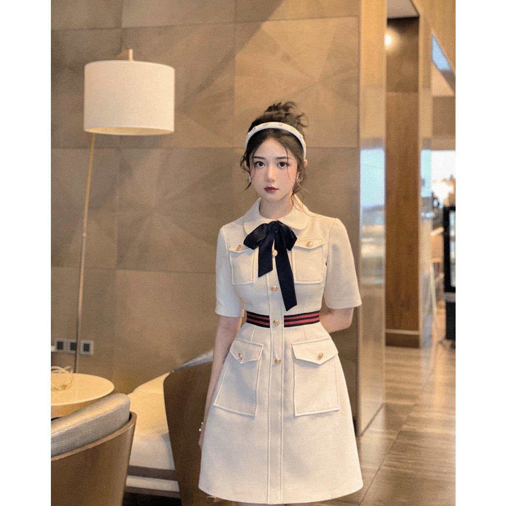 Đầm cổ sen túi hộp thắt nơ💖 KÈM ẢNH THẬT