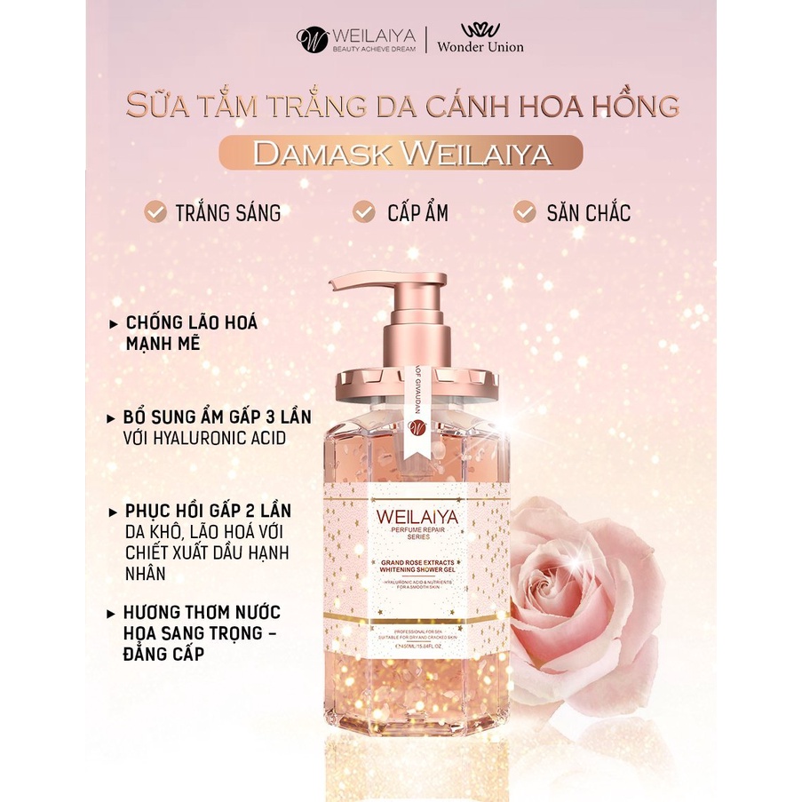 Combo 2 chai sữa tắm trắng da cánh hoa hồng Damask Weilaiya Grand Rose Extracts Whitening Shower Gel 450ml