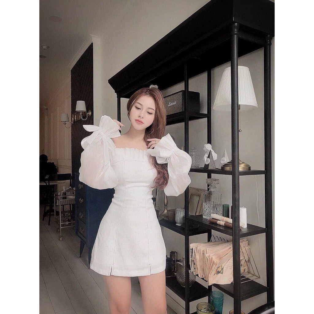 Đầm trễ vai luồn tay vải tơ nhún cực hot