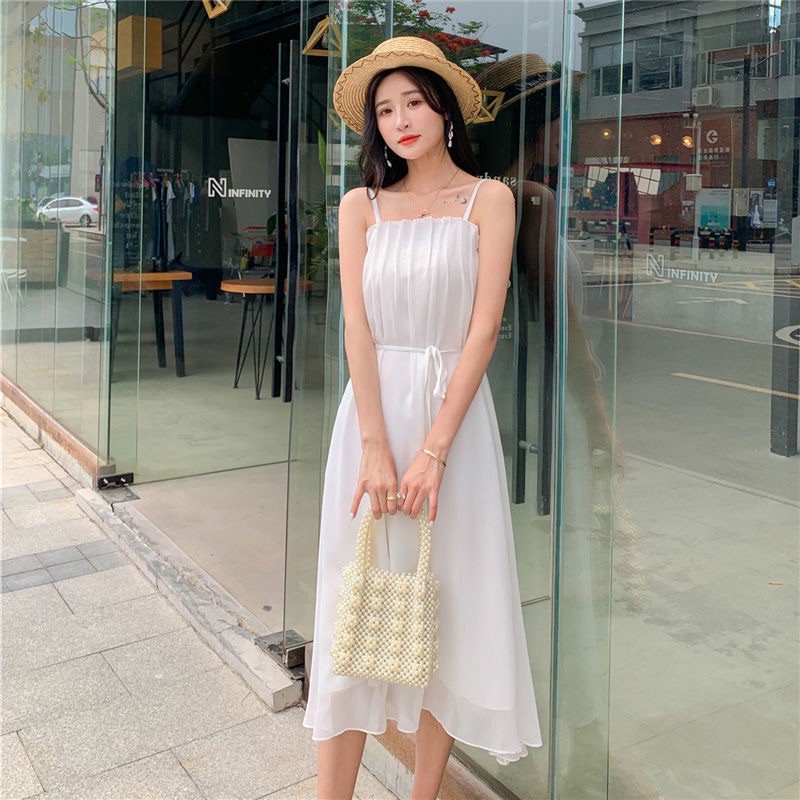 [Mã WASTMINI giảm 10% tối đa 30K đơn 150K] Đầm trắng hai dây dáng dài xếp li ngực đi biển, đi tiệc ☁️ | BigBuy360 - bigbuy360.vn