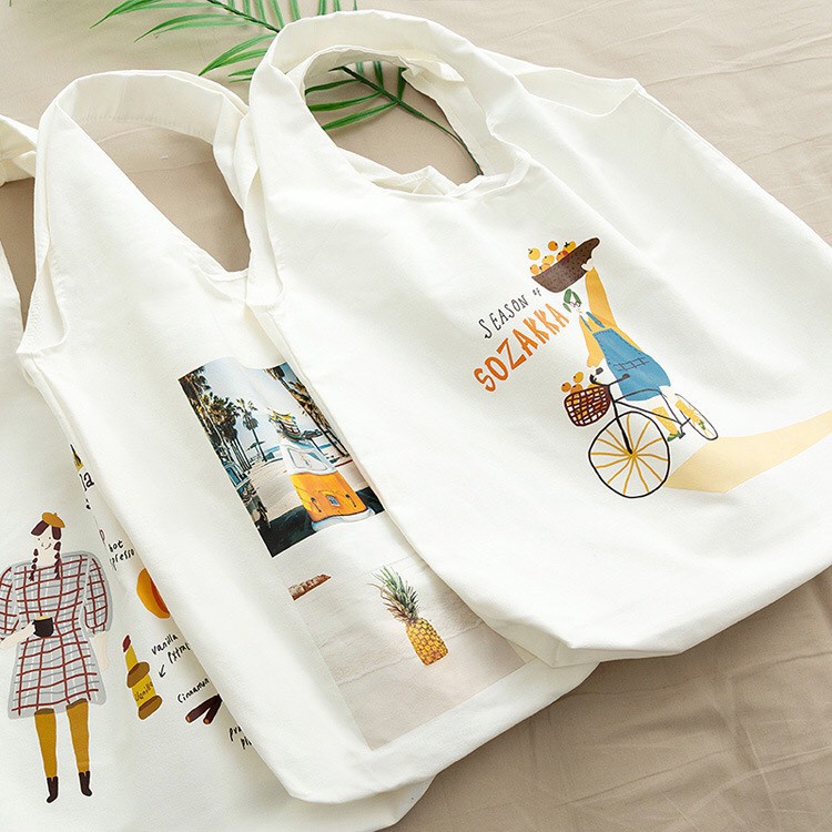 Túi tote vải canvas liền quai không khóa miệng túi đi học đi chơi phong cách free style