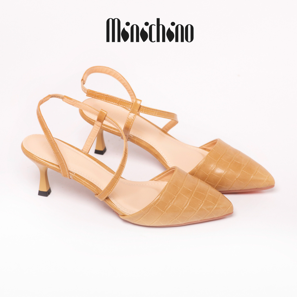 Giày sandal nữ gót cao 6cm MINICHINO giày cao gót nữ mũi nhọn phối dây hở gót, da kiểu vân trúc màu trắng TC057