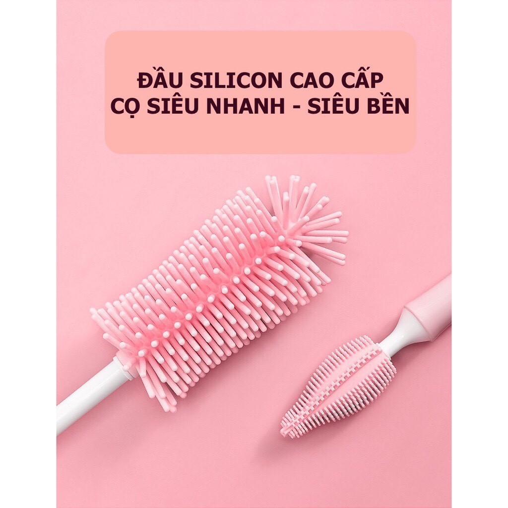 Bộ cọ rửa bình sữa silicon 3 chi tiết cho bé, cao cấp, tay cầm xoay 360 độ