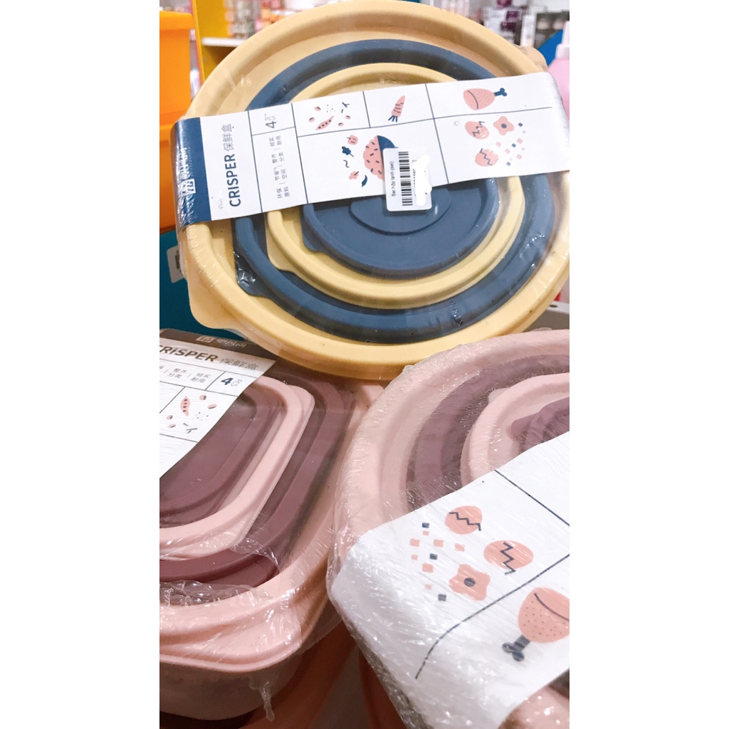 Set 4 Hộp Bảo Quản Thực Phẩm Hình Chữ Nhật, tròn Trong Suốt