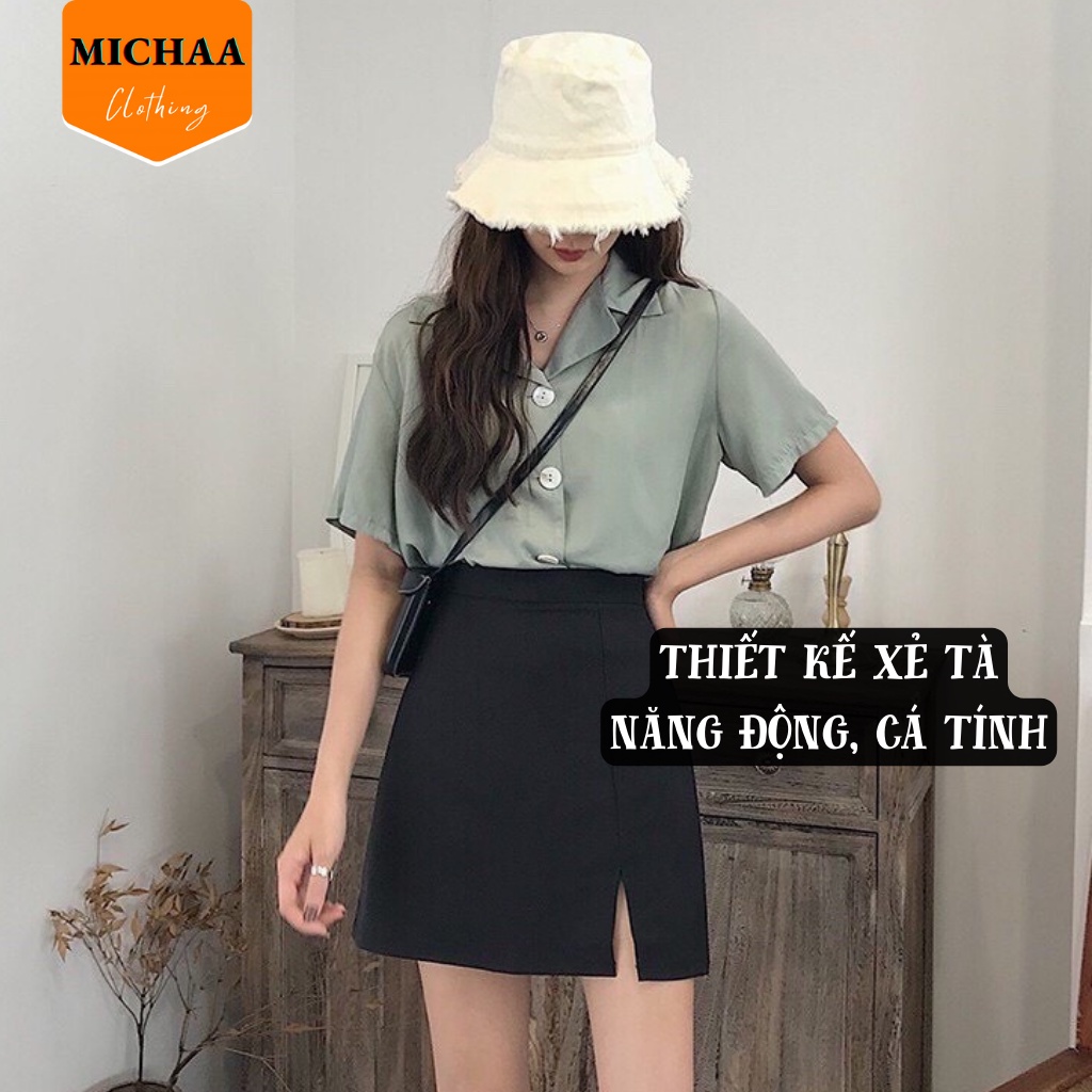 Chân Váy CHỮ A XẺ TÀ Trước Ngắn Công Sở Có Lót Trong Lưng Cạp Cao Trẻ Trung - MICHAA