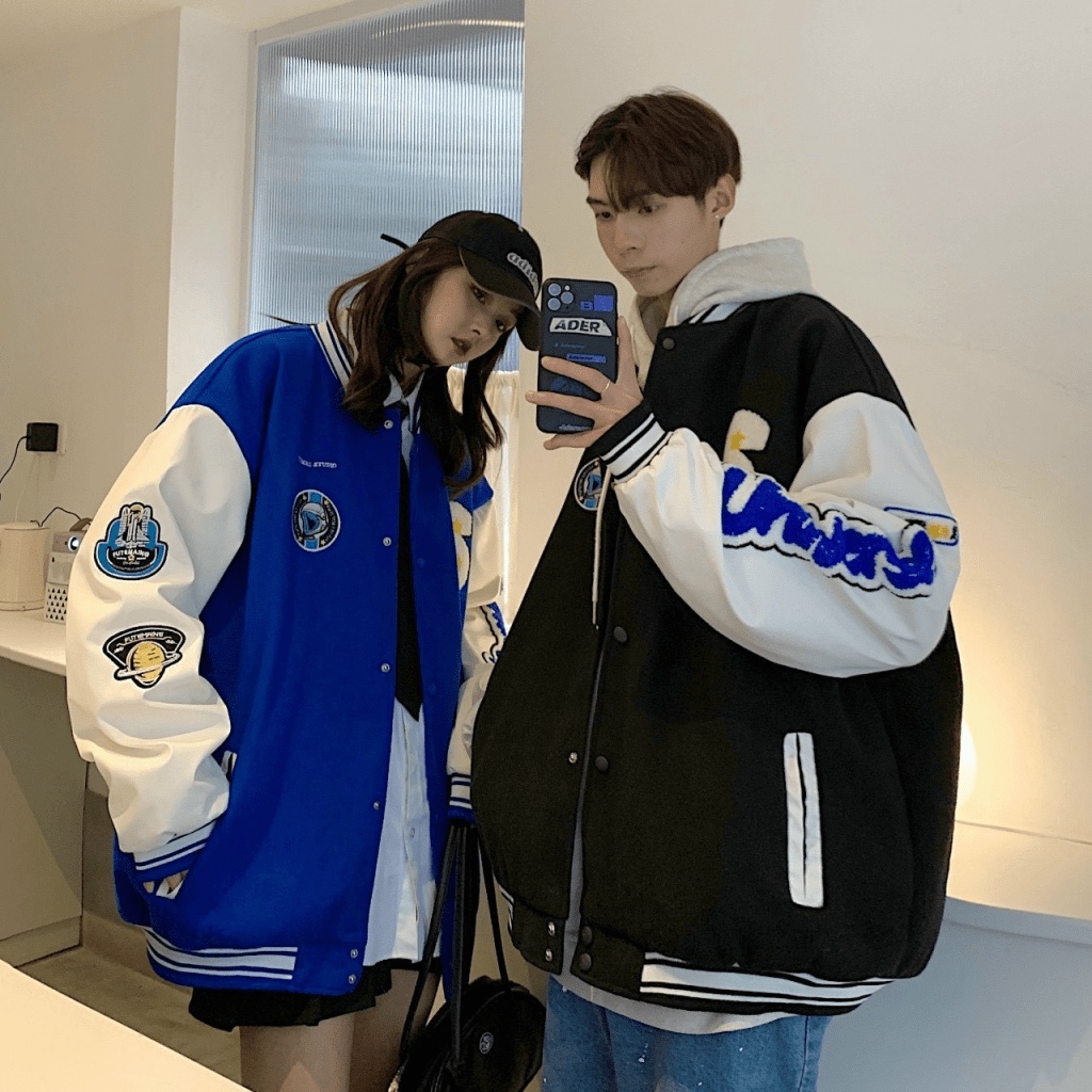 ÁO KHOAC BOMBER   NAM NỮ CHỨ S PHỐI LOGO TAY SÀNH ĐIỆU THỜI TRANG BAO NGẦU CHẤT LỪ