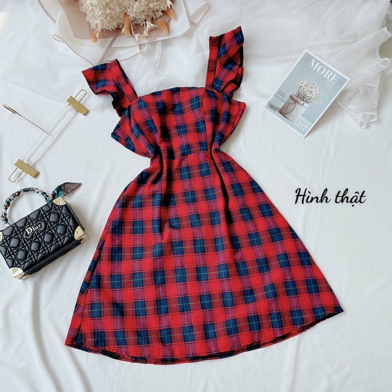 Đầm 2 dây caro cánh tiên có sẵn mút đệm ngực chất vải Kate Free Size dưới 52kg dành cho nữ | BigBuy360 - bigbuy360.vn