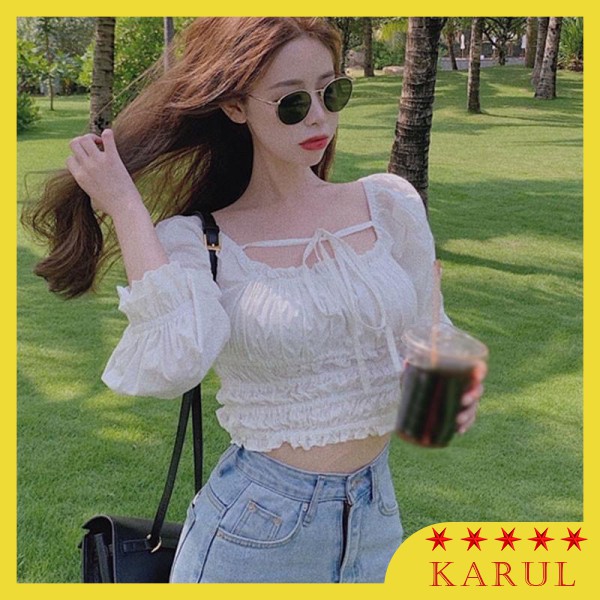 Áo croptop trắng trễ vai buộc dây cổ, Áo croptop trắng trễ vai bèo sang chảnh phong cách Hàn Quốc | BigBuy360 - bigbuy360.vn