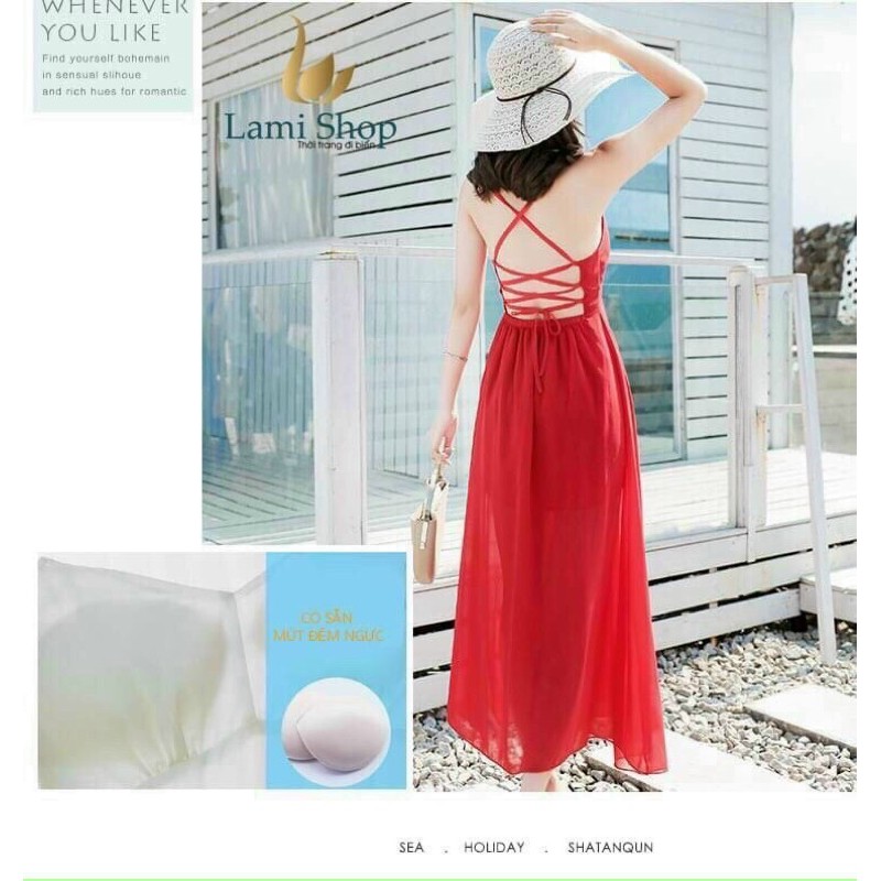 Maxi Đi Biển Dư tiệc cao cấp có mút ngực 3 màu y hình chất voan minh mềm nhẹ thích hợp đi biển