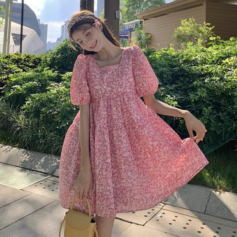 Đầm babydoll hồng - xanh hoa nhí tiểu thư hàng Quảng Châu mùa hè 2021