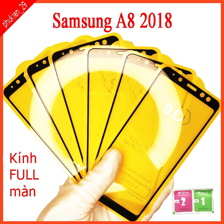 Kính cường lực Samsung A8 2018 , Kính cường lực full màn hình, Ảnh thực shop tự chụp, tặng kèm bộ giấy lau kính