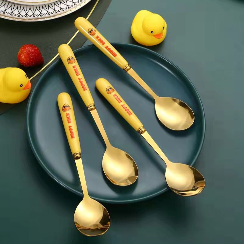 Bộ 6 thìa inox mạ vàng Duck cán dài muỗng ăn siêu dễ thương full hộp MIIBOOSHI D2.095