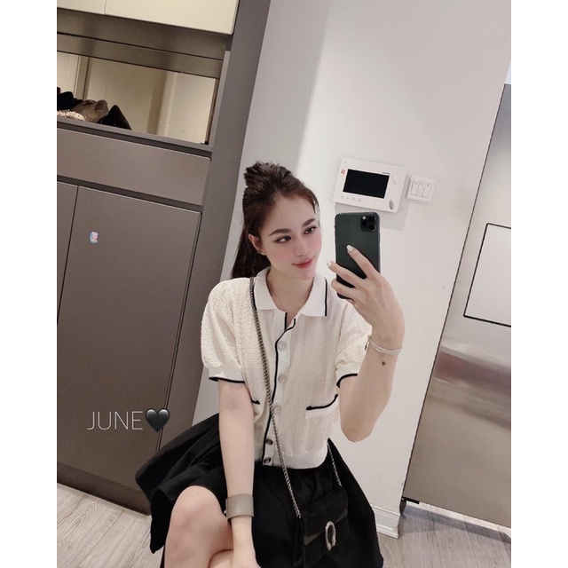 set áo xốp khuy ngọc mix chân váy xoè
